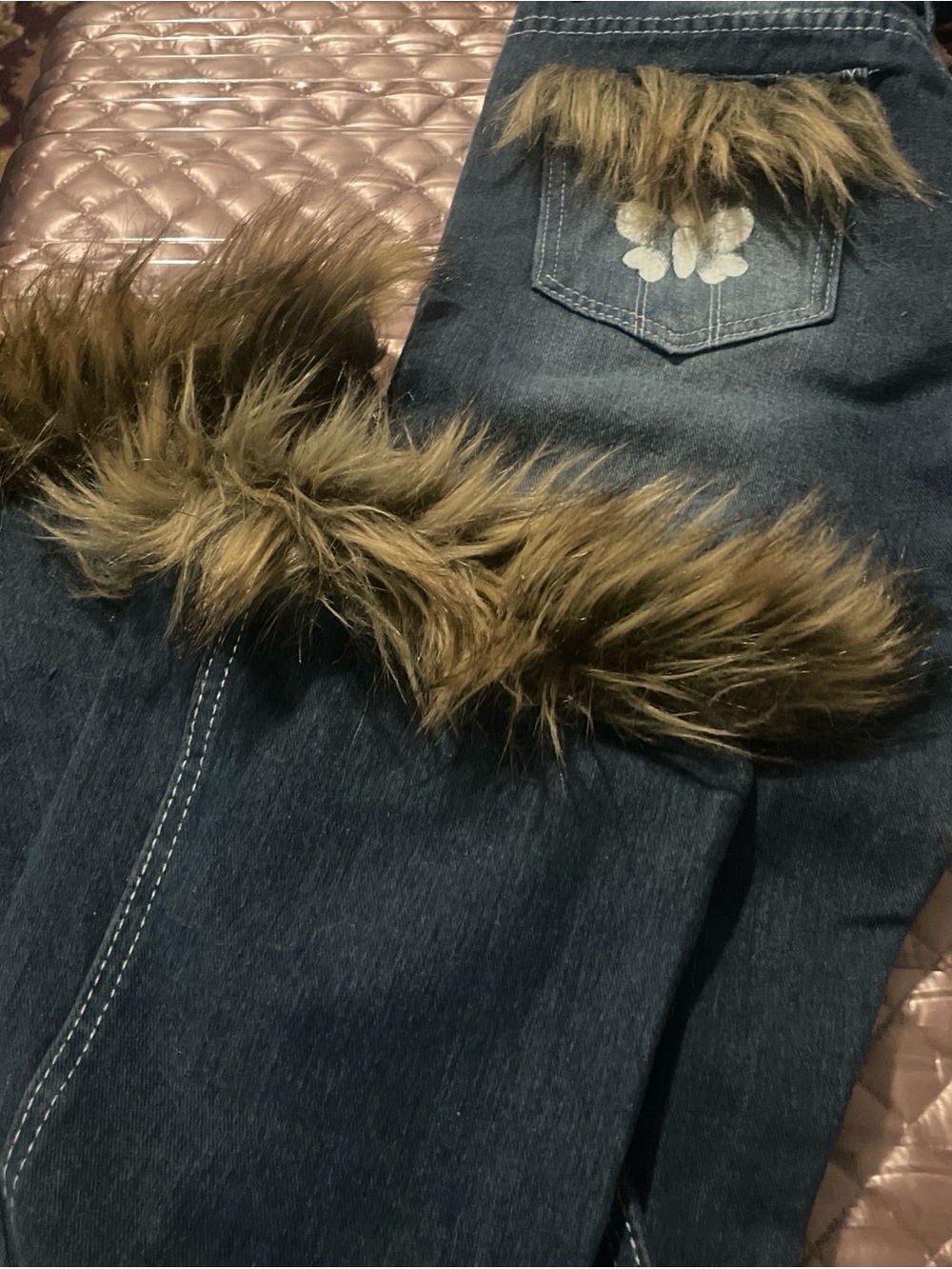 Faux Fur Trim Dark Denim Pants
